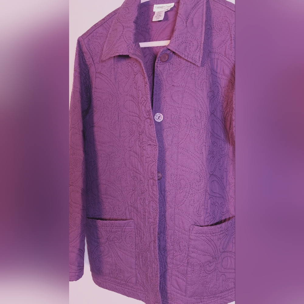 Coldwater Creek Purple Quilted Jacket Size Medium Embroidered Button Front Coat - Picture 3 of 11